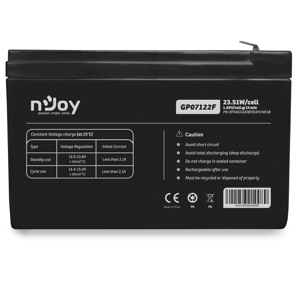 Batteria Ermetica al Piombo Njoy GP07122F 12V 7Ah per Dispositivi Elettrici - immagine 2