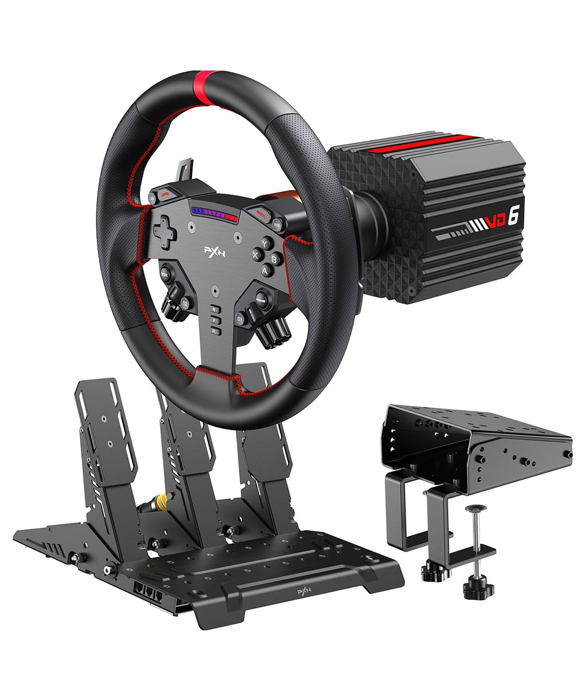 PXN VD6 Kit Volante da Corsa + Pedaliera a 3 con Morsetto da Tavolo per PC